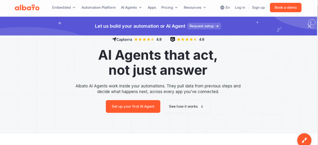 Albato AI Agent page showing AI agents that can take actions, not just answer questions