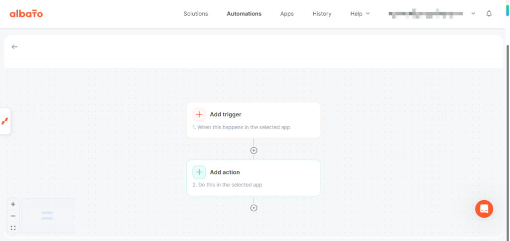 Albato visual workflow builder showing a blank automation canvas for adding triggers and actions
