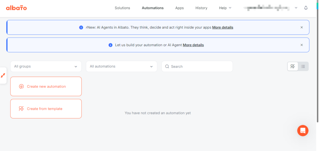 Albato automation page for creating new workflows or choosing prebuilt templates