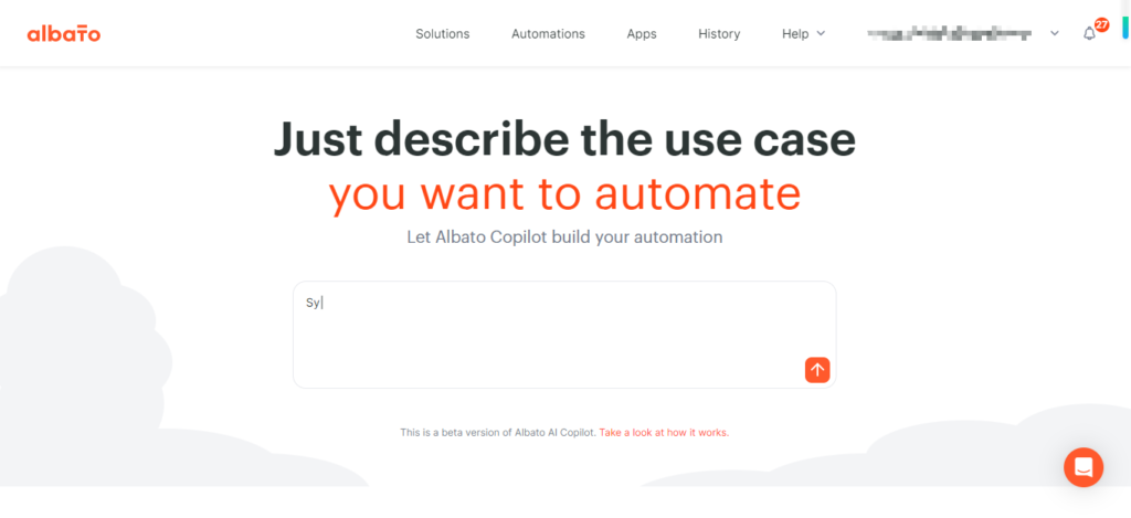 Albato dashboard homepage showing automation and AI agent features