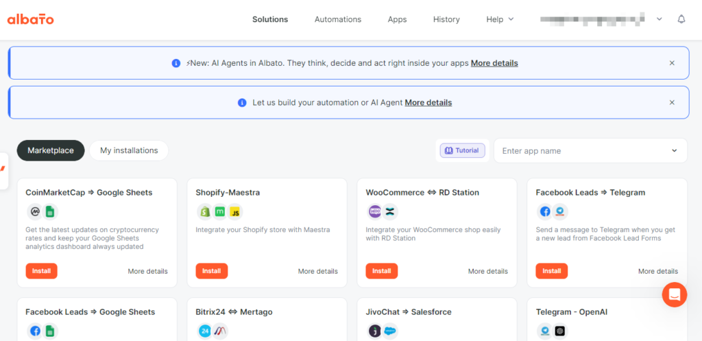 Albato automation template marketplace showing pre-built workflow templates