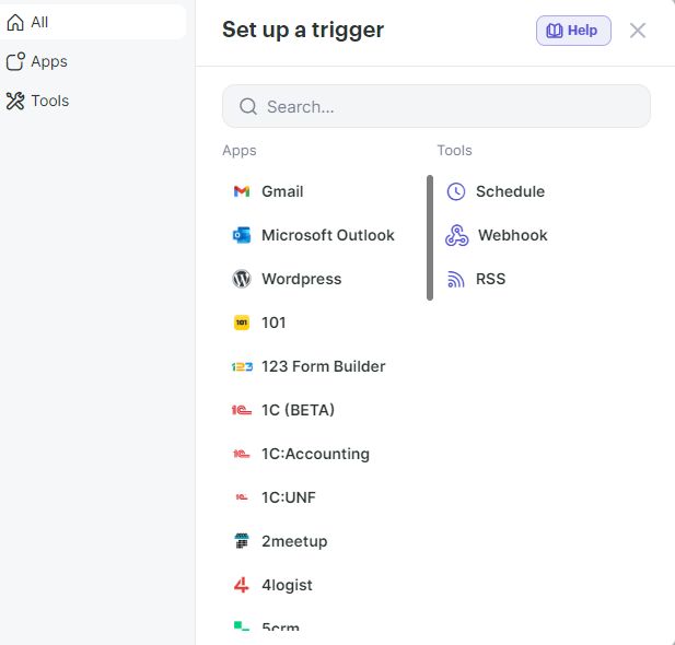 Albato automation trigger setup showing WordPress, Gmail and RSS app options
